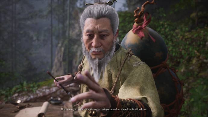 A close-up of an old wise master in Black Myth Wukong speaking to the player during a cutscene.