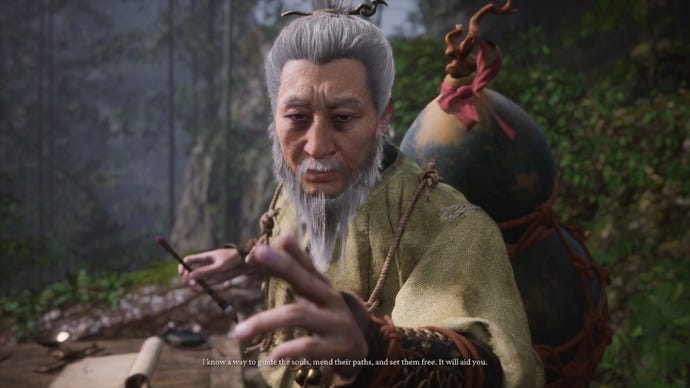 A close-up of an old wise master in Black Myth Wukong speaking to the player during a cutscene.