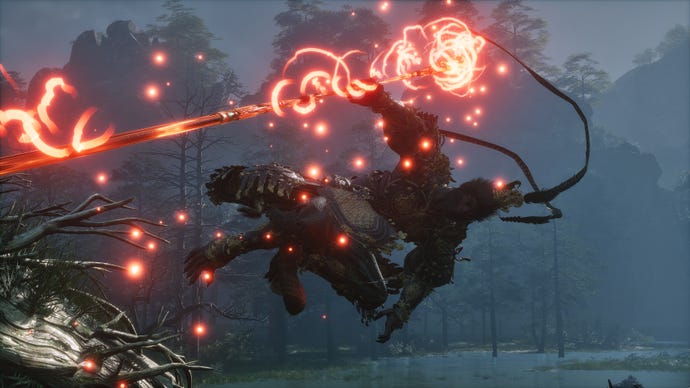 The player in Black Myth: Wukong uses the Wukong Stance to flip into the air and prepare a grand heavy attack against an enemy.
