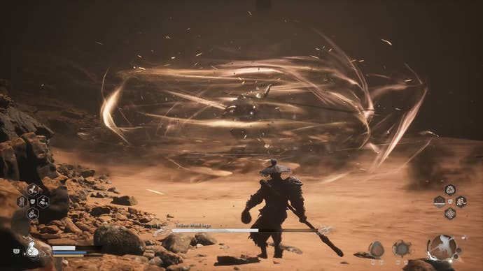 Destined One backing away as Yellow Wind Sage spings trident around like a hurricane