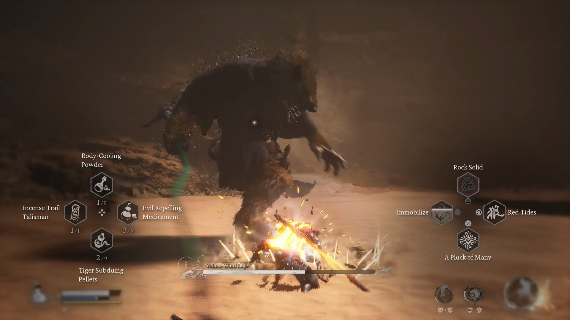 Destined One parrying Yellow Wind Sage&rsquo;s foot stomp attack