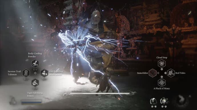 Yellowbrow charges a lightning attack with a scepter