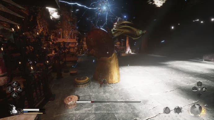 Destined One attacking Yellowbrow as he holds up sceptre in the air to charge up lightning
