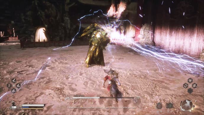 Yellowbrow in gold form shooting lightning from sceptre