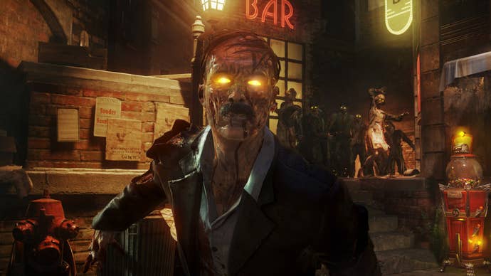 A gentlemanly zombie stares down the camera, as another zombie horde approaches behind in Call Of Duty: Black Ops 3.