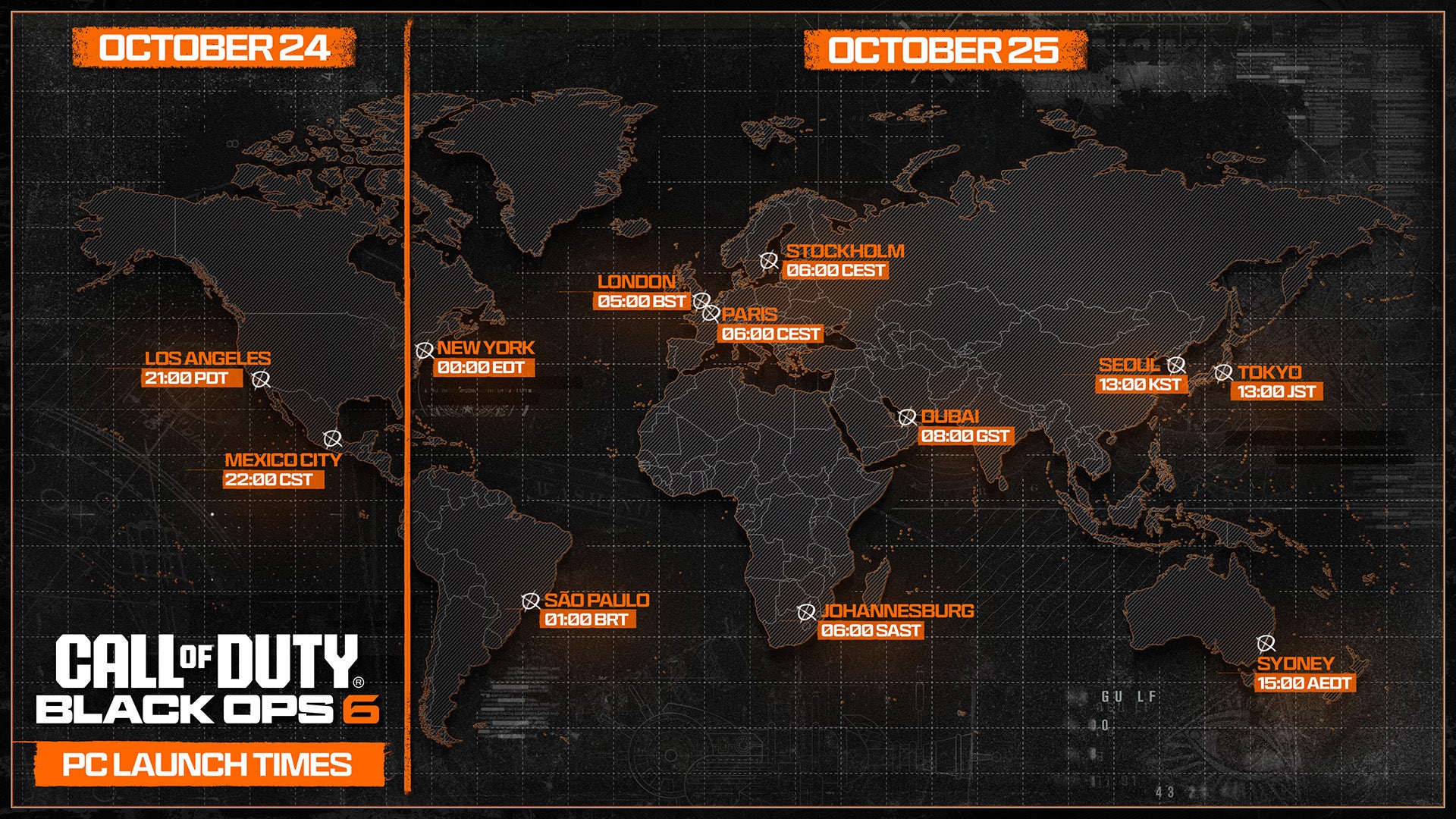 All of the PC Launch Times for Call of Duty: Black Ops 6, from Los Angeles to Sydney. - 3