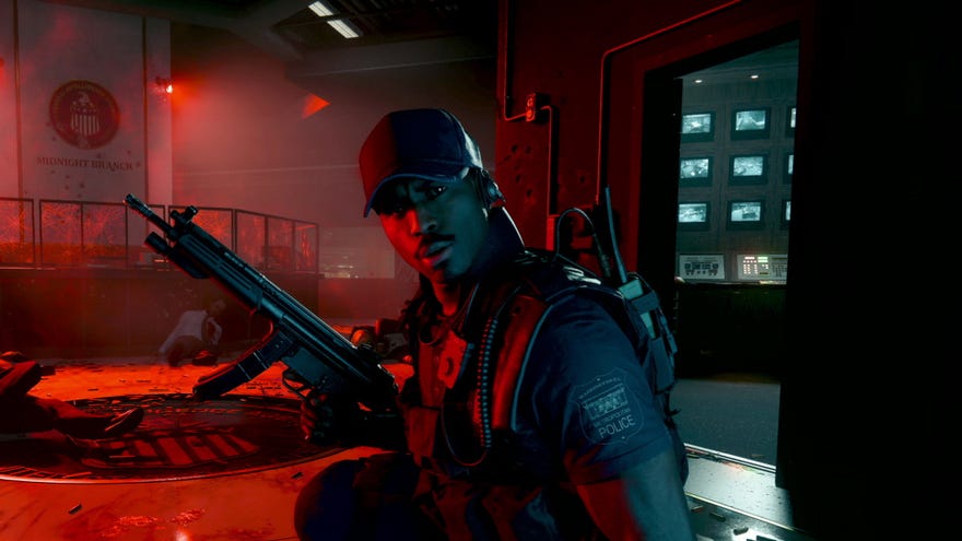 The Call Of Duty: Black Ops 6 operator Marshall holds his weapon in the middle of a dark combat scene.