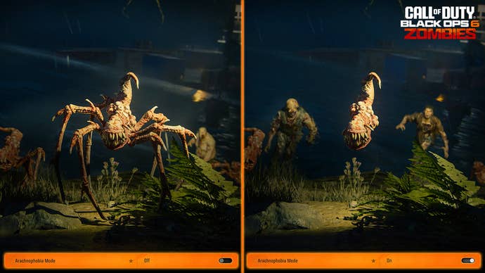A side-by-side comparison showing Call of Duty: Black Ops 6’s usual Zombies spiders and their floating, legless arachnophobia mode variant.