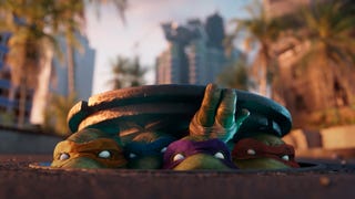 An image from Call of Duty: Black Ops 6's Teenage Mutant Ninja Turtles teaser trailer showing the brothers emerging from a manhole cover in a palm tree-lined city street.