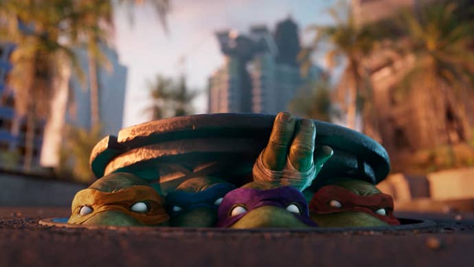 An image from Call of Duty: Black Ops 6’s Teenage Mutant Ninja Turtles teaser trailer showing the brothers emerging from a manhole cover in a palm tree-lined city street.