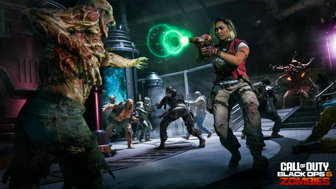 A player character is shown using a ray gun on a zombie in Black Ops 6 Zombies