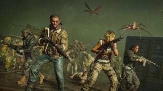 A promotional image for Call of Duty: Black Ops 6's Zombies mode showing its four Operators surrounded by flying creatures and the shambling undead.
