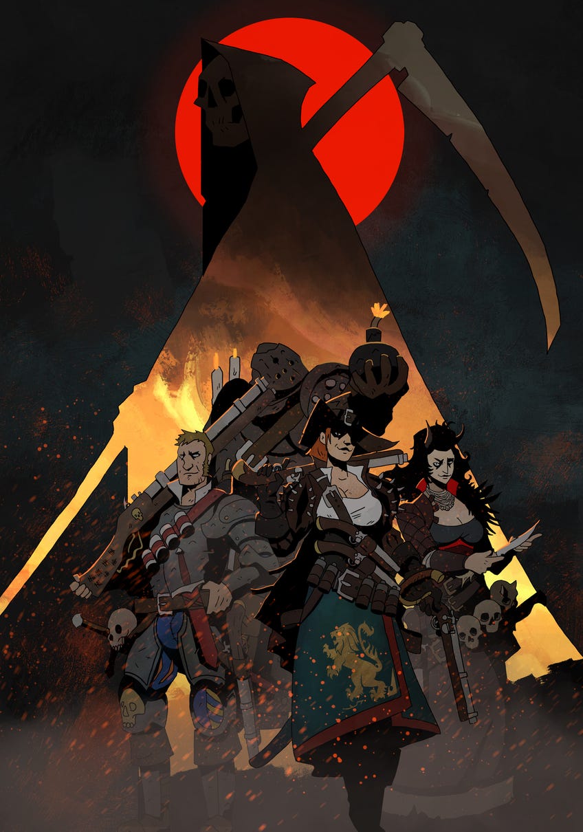 Promotional artwork for gothic folk horror RPG Black Powder and Brimstone.