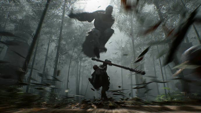A giant demon leaps onto the monkey protagonist of Black Myth Wukong.