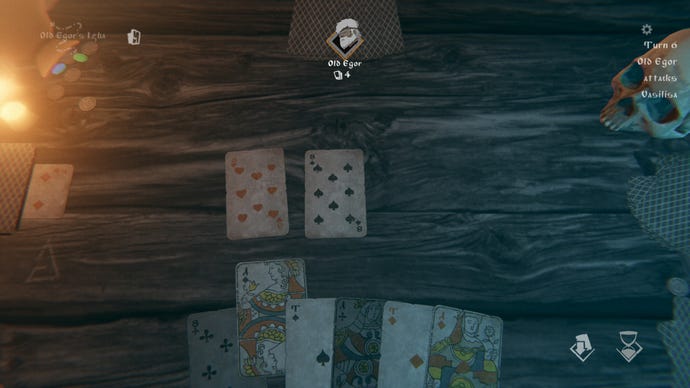 A scene from Black Book showing a card game with Old Egor, before Vasilisa starts her day’s work