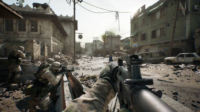 A first-person view of a rubble-strewn street with US soldiers from the Black Hawk Down campaign of 2024-launched FPS Delta Force