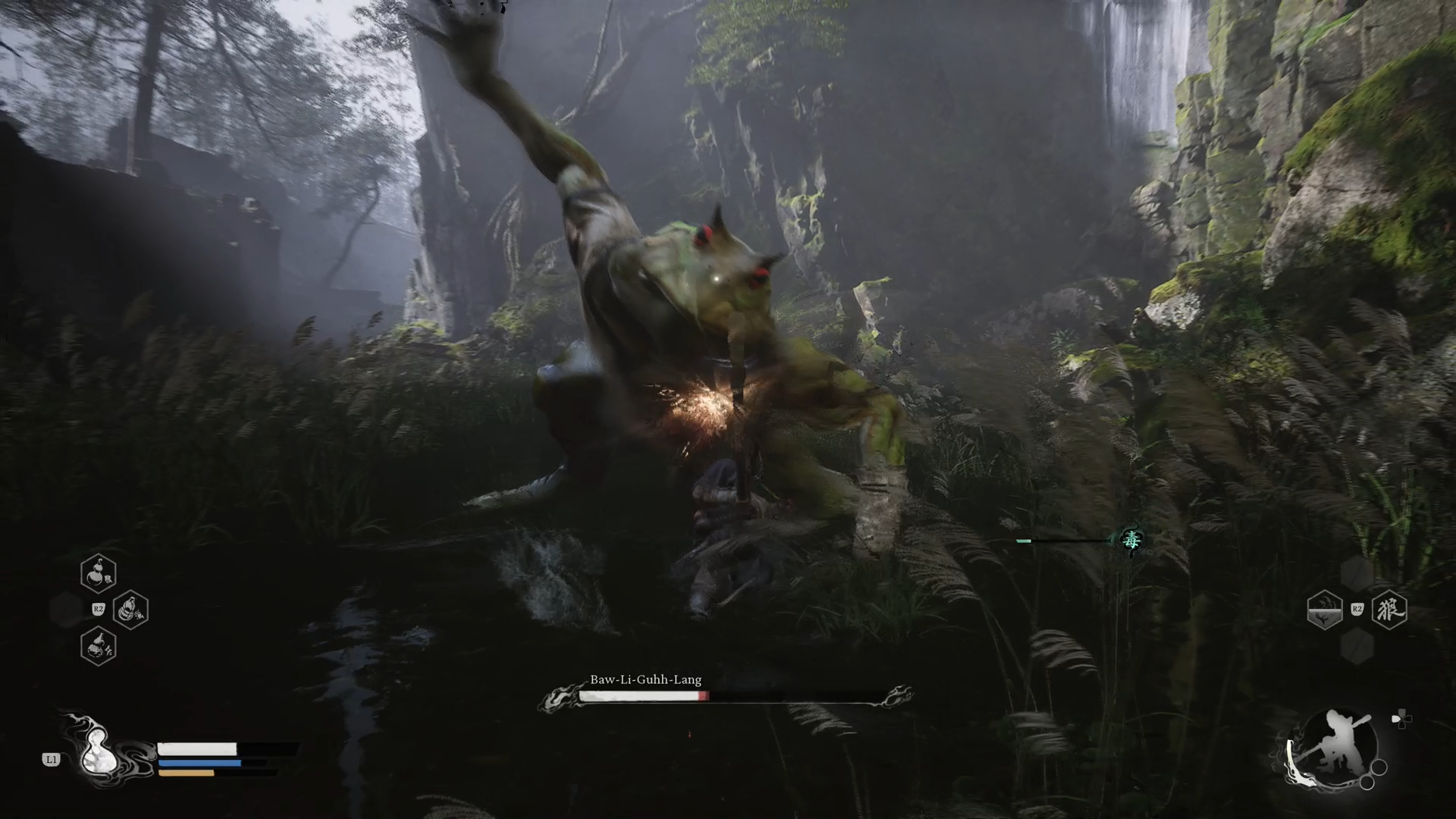 Black Myth Wukong screenshot showing the sweep attack Baw-Li-Guhh-Lang performs