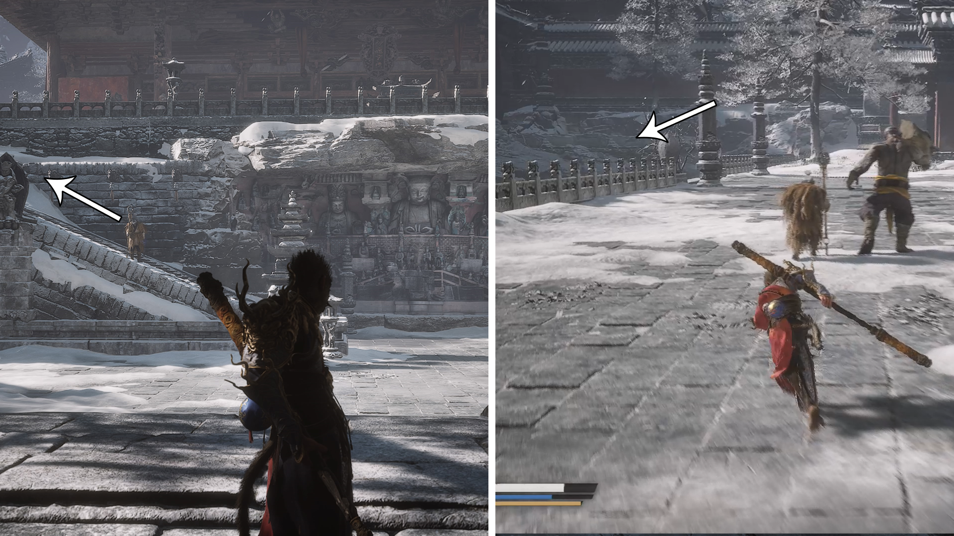 A Black Myth: Wukong screenshot showing the first stairs you need to climb in the NEw Thunderclap Temple