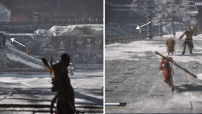 Screenshot from A Black Myth: Wukong showing the first stairs to climb in the new Thunderclap Temple