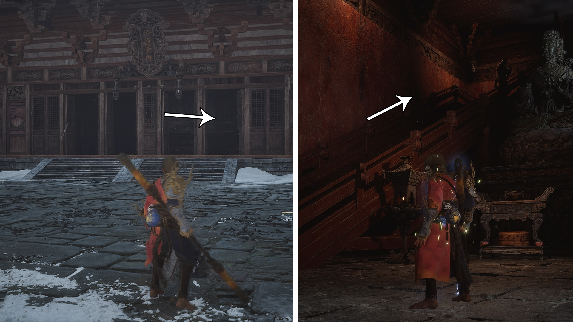 A Black Myth: Wukong screenshot showing the building you need to enter inside the New Thunderclap Temple