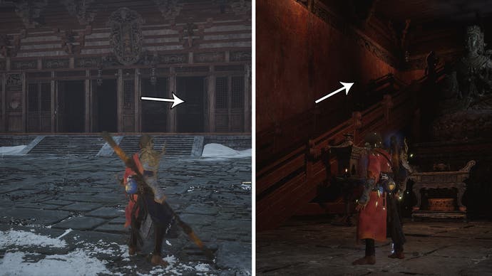 Screenshot from A Black Myth: Wukong showing the building you need to enter inside the new Thunderclap Temple