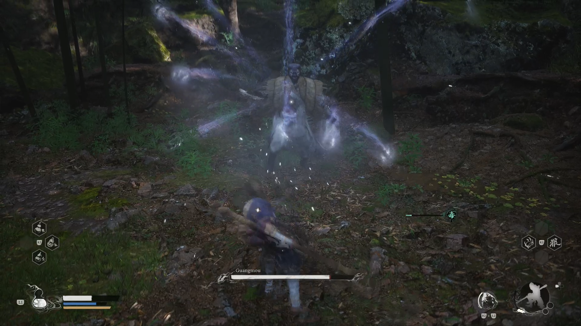 Black Myth: Wukong showing the Guangmou boss shooting projectiles