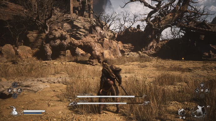 Скриншот Black Myth Wukong, на котором Шигандан сражается с Stone Vanguard