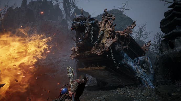 Screenshot from Black Myth: Wukong showing the brown iron cart in Chapter 5