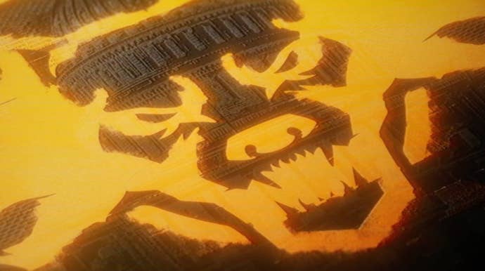 A golden stencilled image of a wolf over an illustration of the US Capitol building