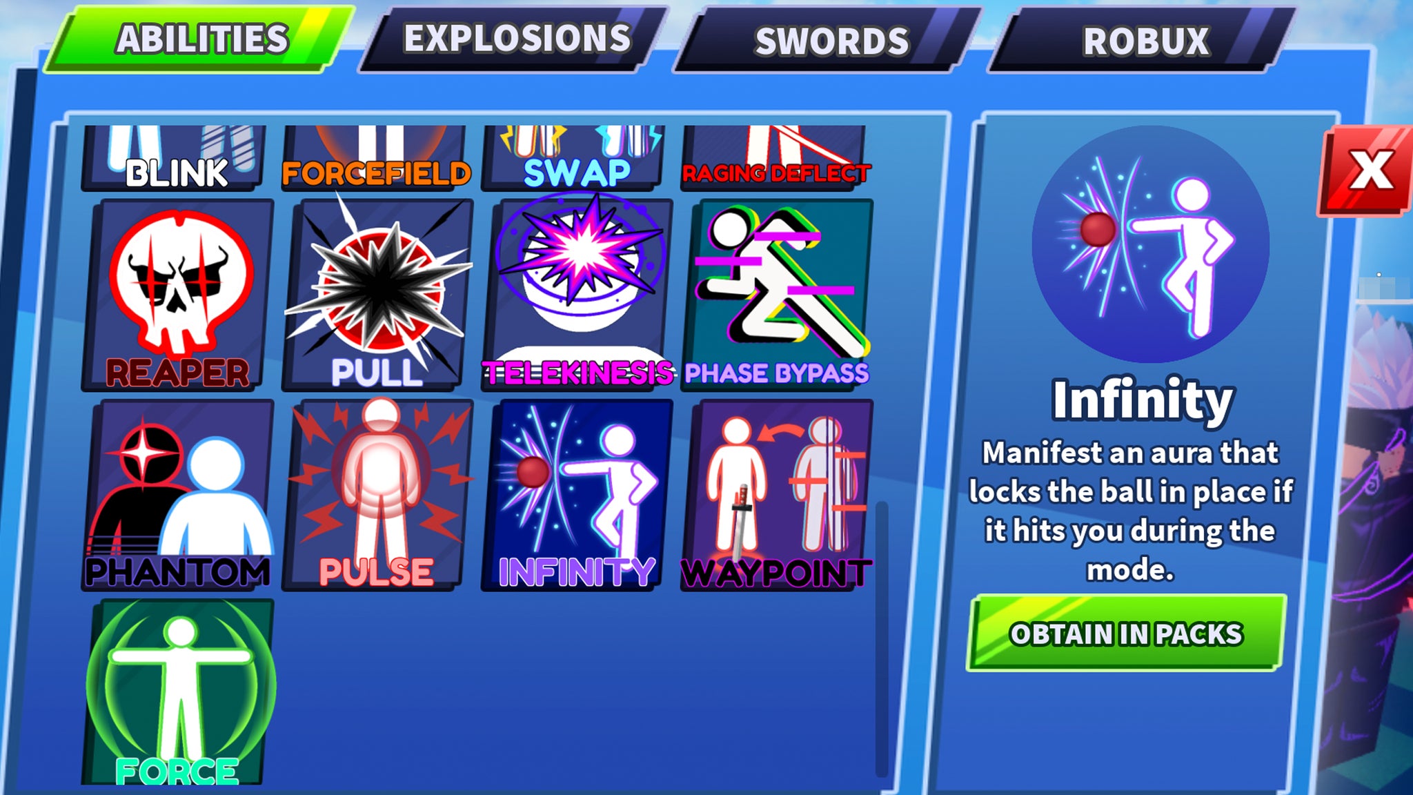 A Blade Ball menu screen which describes the Infinity ability and how to get it. - 3