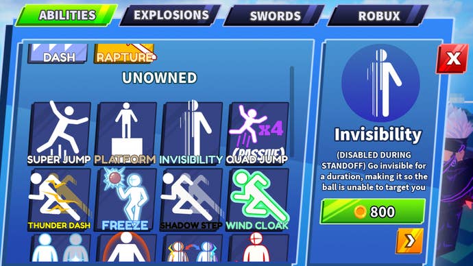 A Blade Ball menu screen which describes the Invisibility ability and how to get it.