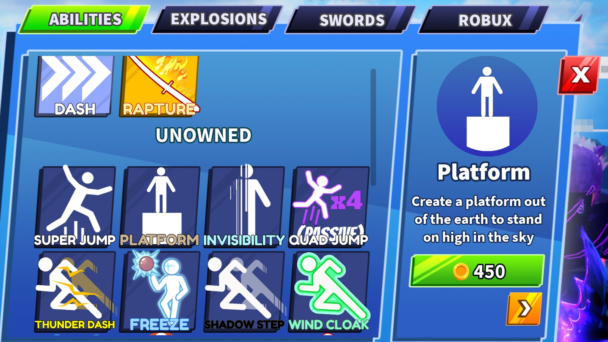 A Blade Ball menu screen which describes the Platform ability and how to get it. - 7