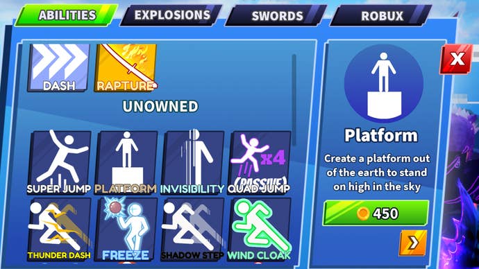 A Blade Ball menu screen which describes the Platform ability and how to get it.