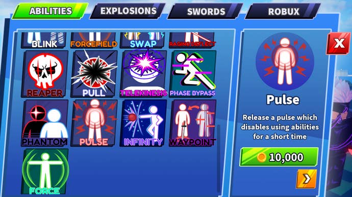 A Blade Ball menu screen which describes the Pulse ability and how to get it.