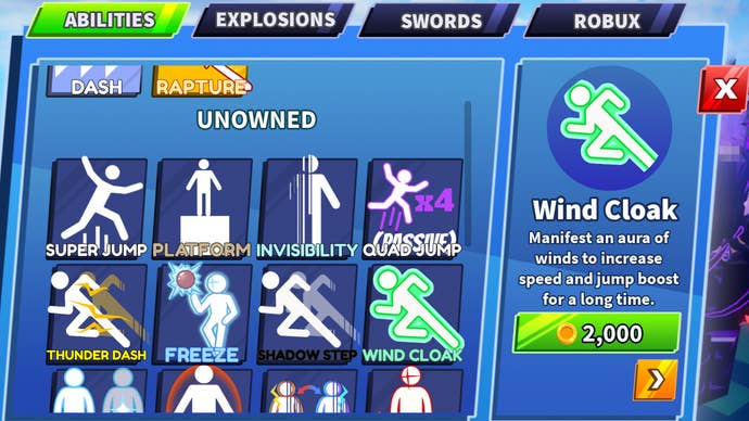 A Blade Ball menu screen which describes the Wind Cloak ability and how to get it.