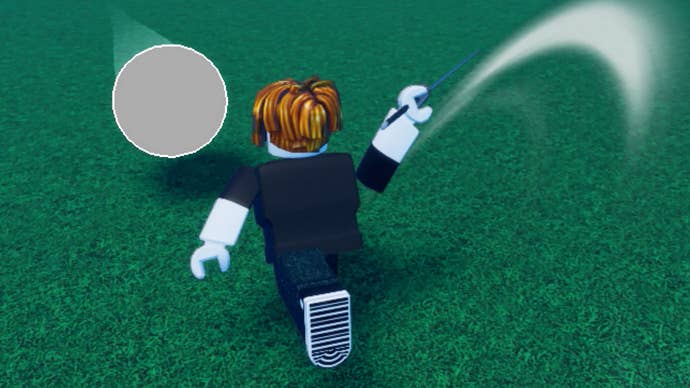 A Roblox character runs towards a flying ball that’s locked onto them and swings their sword in the popular game Blade Ball.