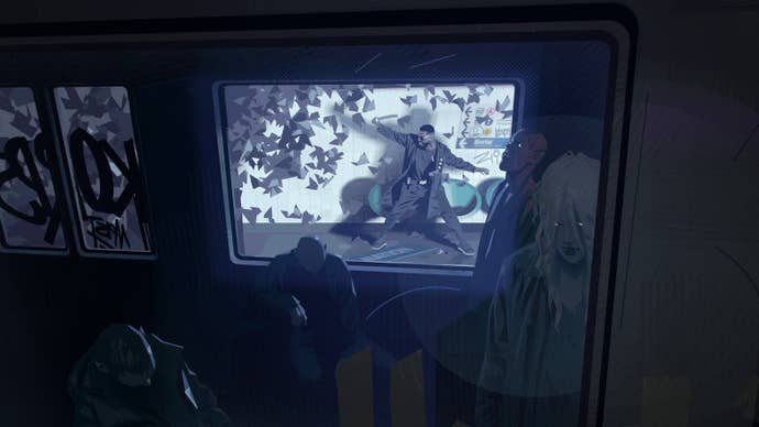 Concept art for Marvel’s Blade showing a vampire-filled train as Blade himself fights on the platform