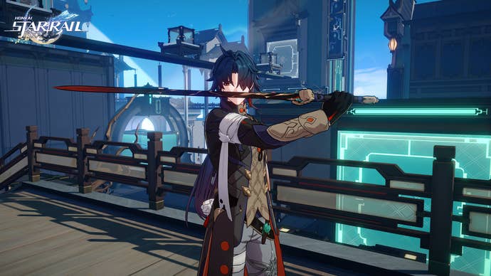 Blade, from Honkai Star Rail, stands in the middle of the screen, demonstrating a stance.