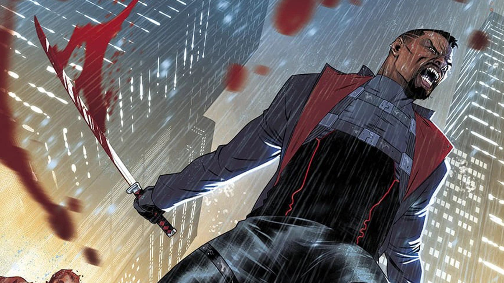 Blade is stood on a city street in the rain, sword covered in blood, baring his teeth. - 1