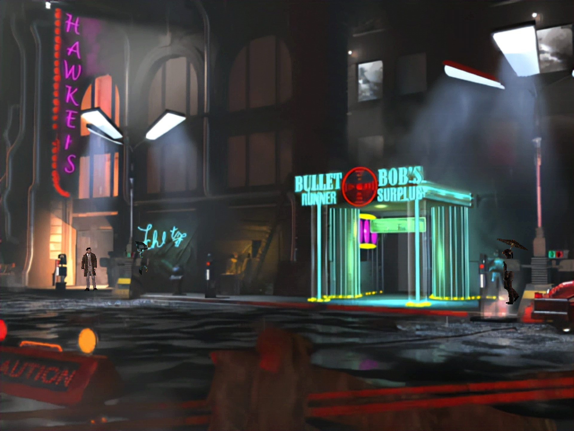 The rainy streets outside Bob&rsquo;s Bullet Runner shop in a Blade Runner: Enhanced Edition screenshot.