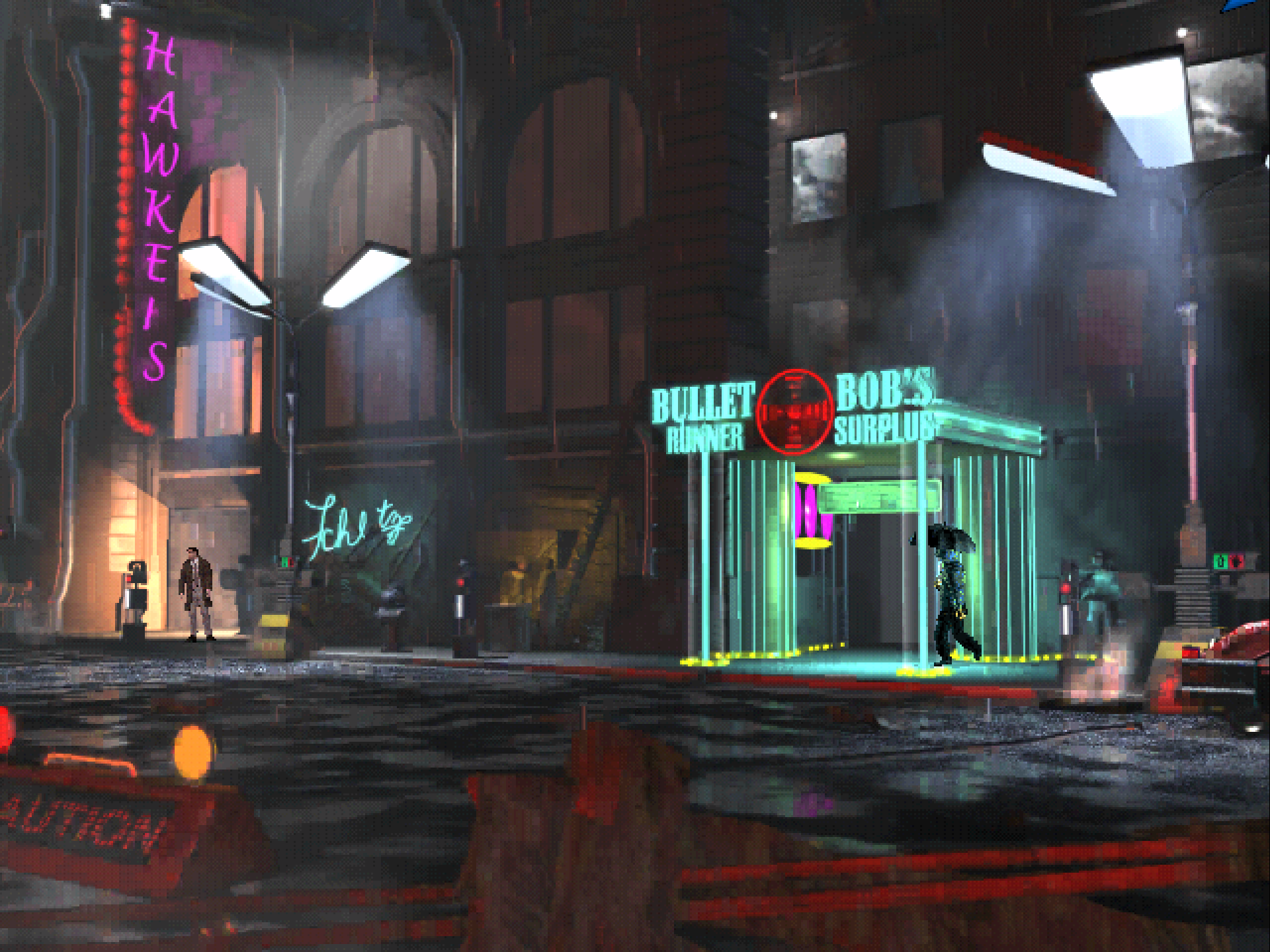 The rainy streets outside Bob&rsquo;s Bullet Runner shop in a Blade Runner ScummVM screenshot.