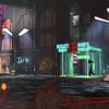 The rainy streets outside Bob's Bullet Runner shop in a Blade Runner ScummVM screenshot.