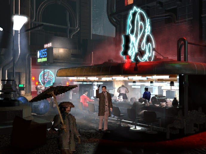Ray McCoy hangs out with his gun drawn in a Blade Runner screenshot.