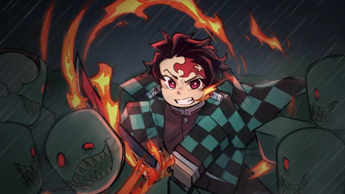 Artwork for the Roblox game Blade x Zombies showing a Roblox character inspired by Tanjiro from the hit anime series Demon Slayer that's surrounded by zombies.