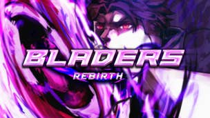 Artwork for the Roblox game Bladers: Rebirth, showing a Robloxified anime character next to a big swirling effect.