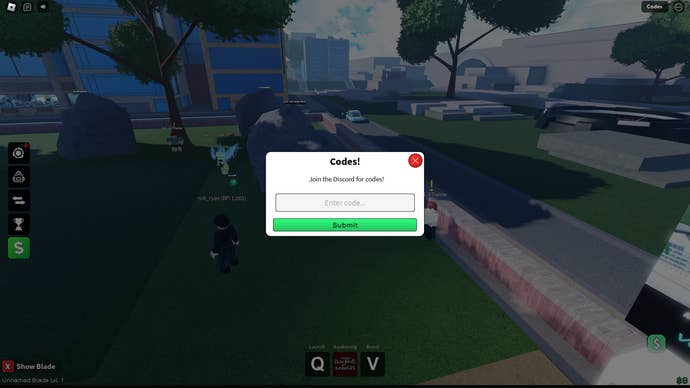 A screenshot from Bladers: Rebirth in Roblox showing the game's codes page.