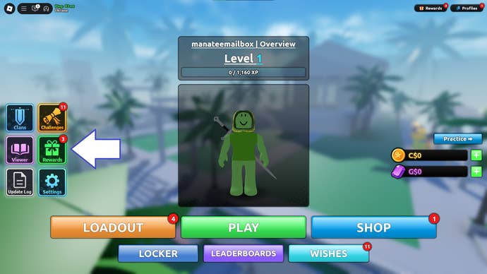 A screenshot of Blades in Roblox showing the game's rewards button.