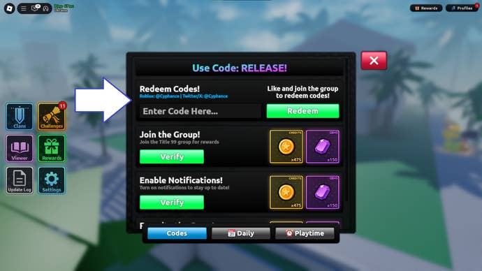 A screenshot of Blades in Roblox showing the game's codes field.
