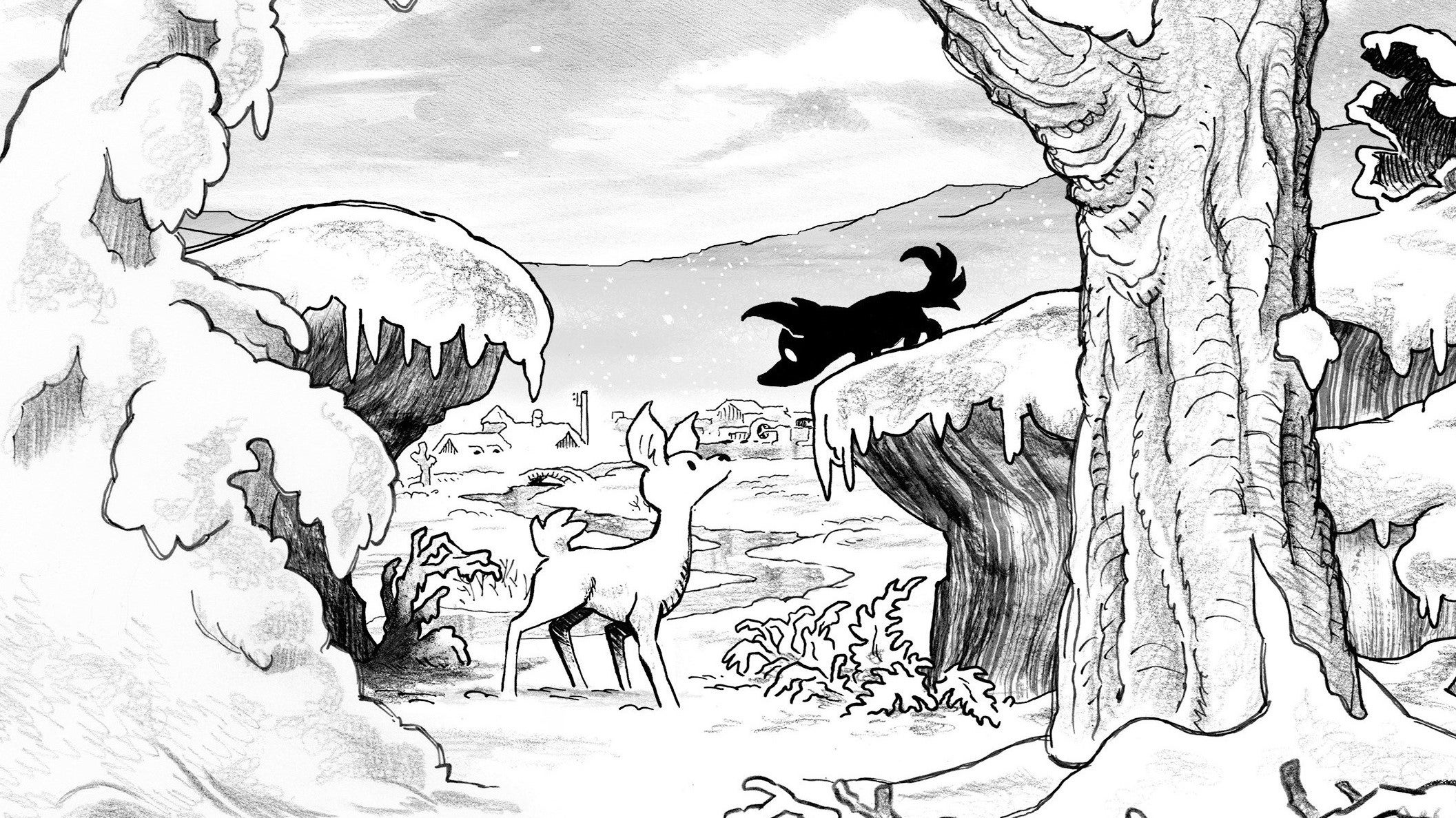 Blanc artwork showing a wolf pup on a snowy ledge peering down at a fawn