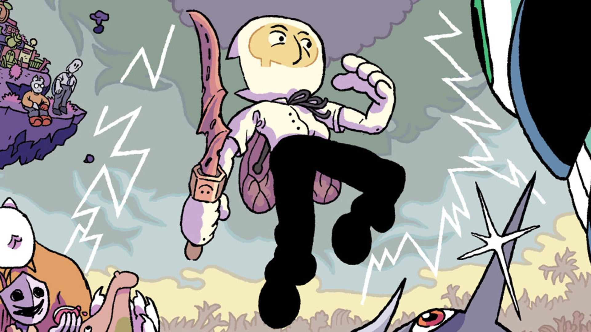 A drawing of a person with a strange white face who is smartly dressed and holding a sword in key art for Blanksword. - 1